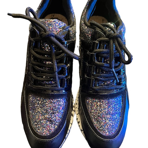 STEVE Madden Barra-G Round-Toe Lace Up Platform Fashion Sneakers Black/Glitter - Picture 2 of 5